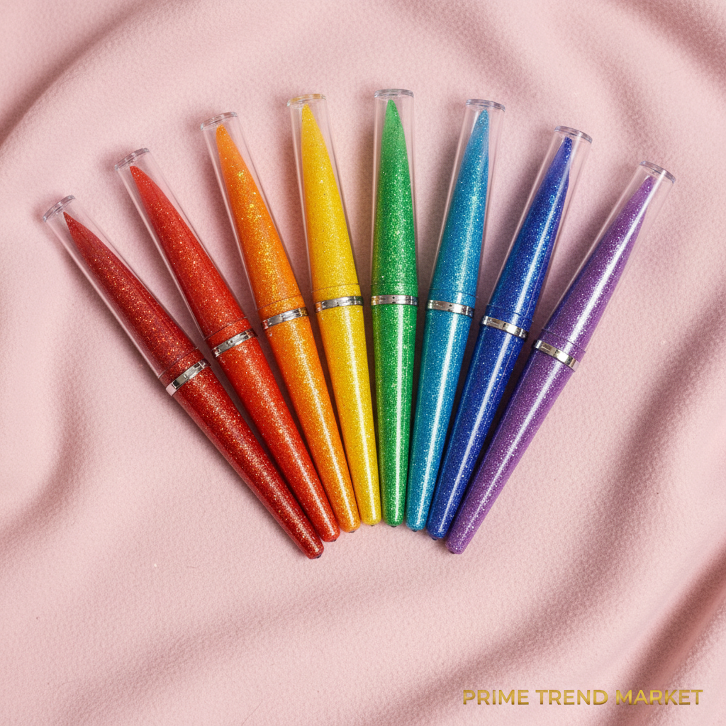 8 rainbow glitter eyeliner pens fanned out on pink background