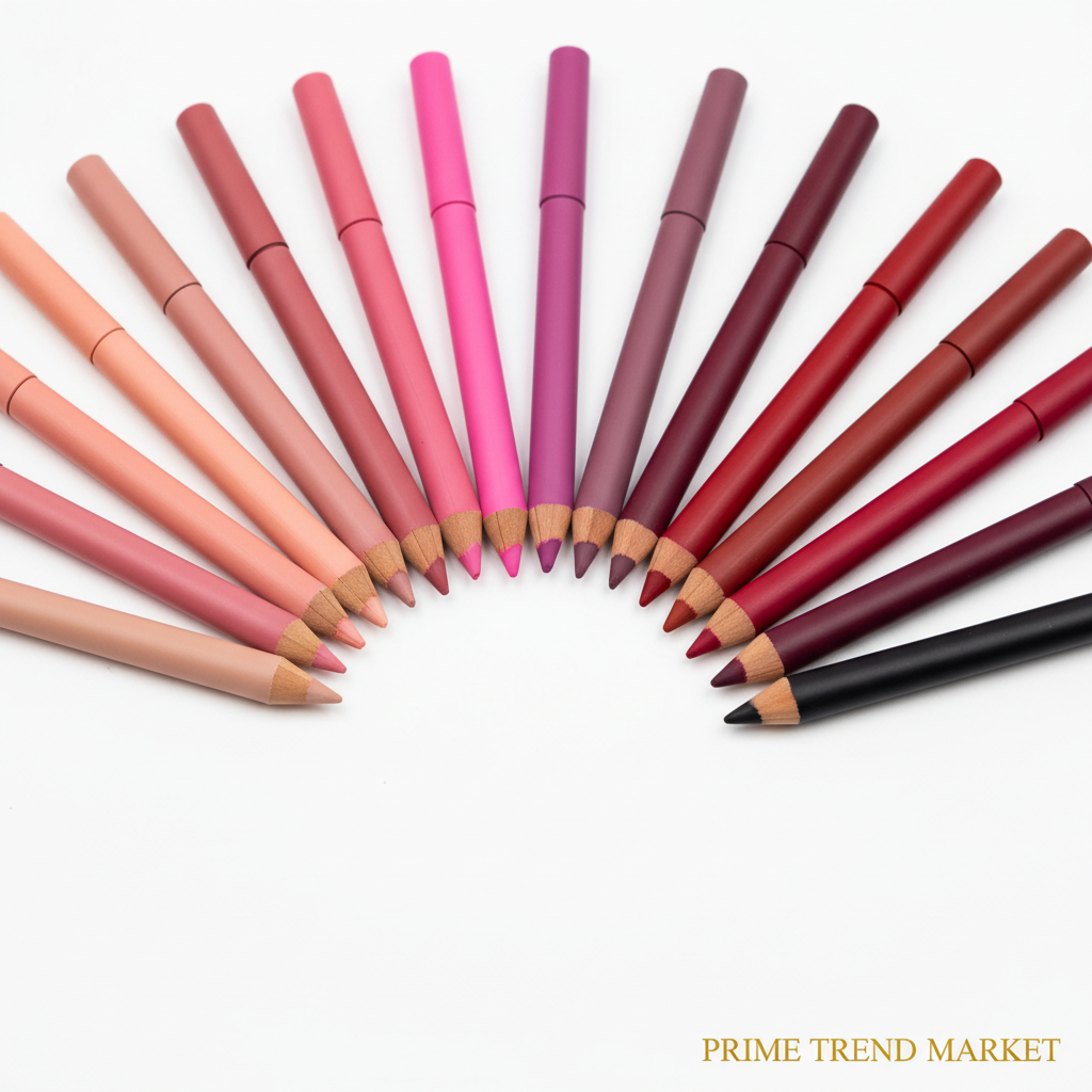12 matte lip liner pencils fanned out color range nude pink berry red ultra fine tips product shot