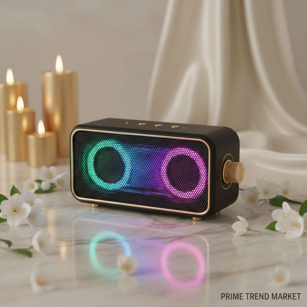 RGB Glow Bluetooth Speaker - Cool Black with neon lighting luxury editorial