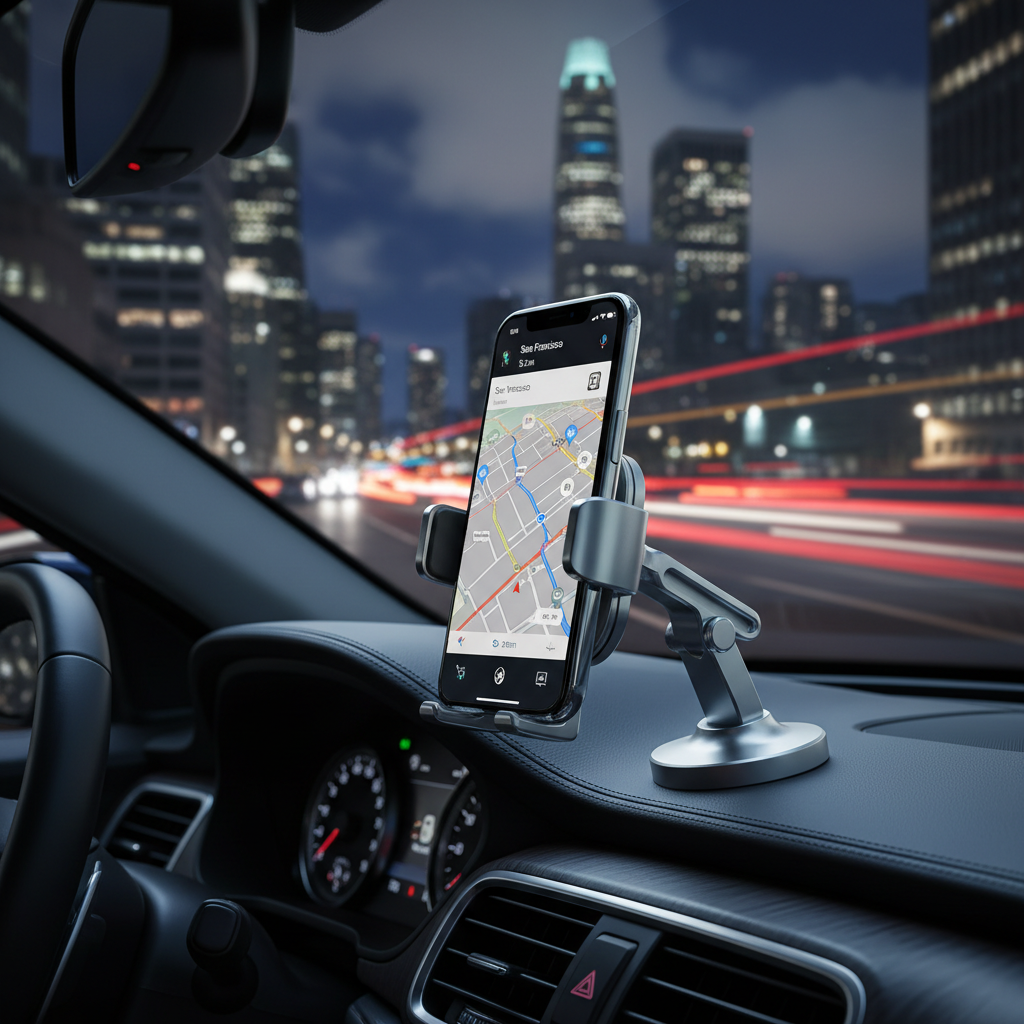 Silver magnetic car phone holder with iPhone showing Google Maps at night with city lights