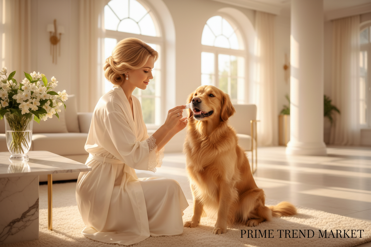 Woman cleaning golden retriever teeth with fingertip wipe