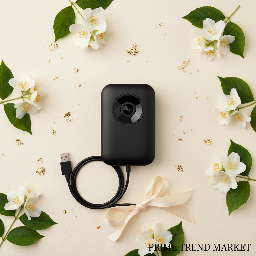 4K Beauty Auto Focus Webcam flat lay with jasmine flowers and USB cable