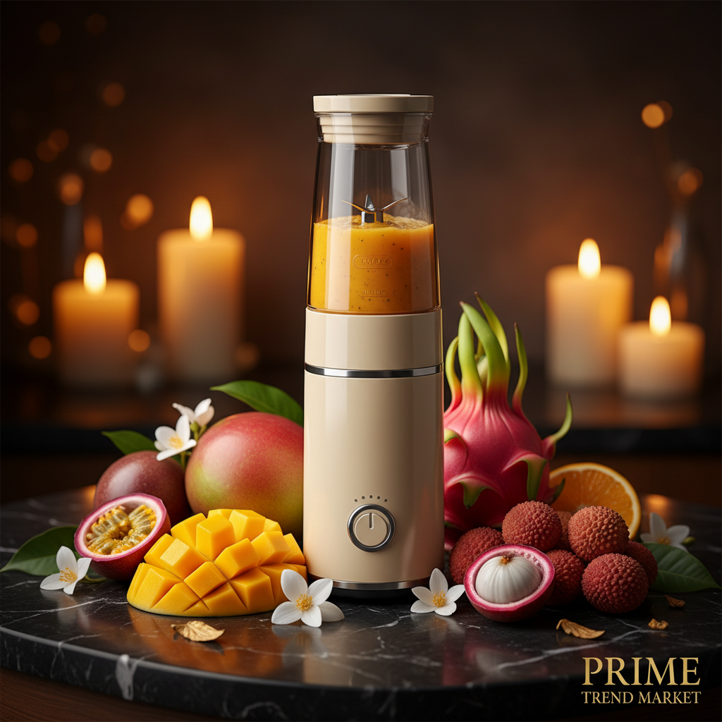 Luxury portable rechargeable juice blender in beige on dark marble with tropical fruits and jasmine flowers