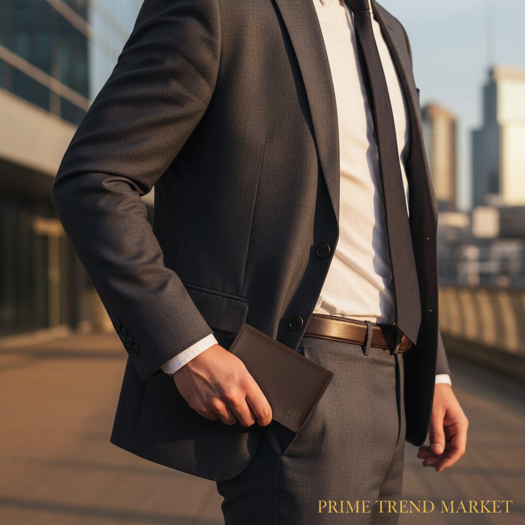 Stylish man in suit pulling slim leather AirTag wallet from front pocket