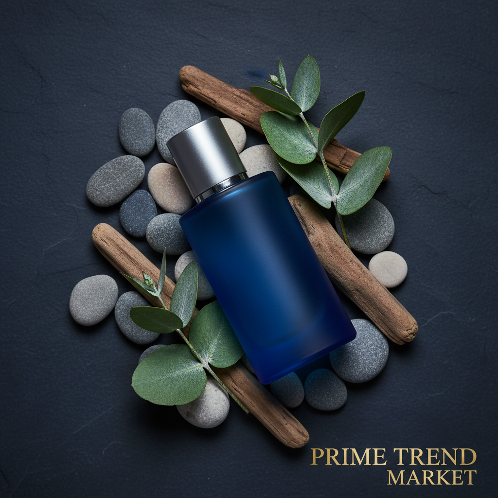 EAU DE PARIS SPORT cologne on navy surface with ocean pebbles, driftwood and eucalyptus