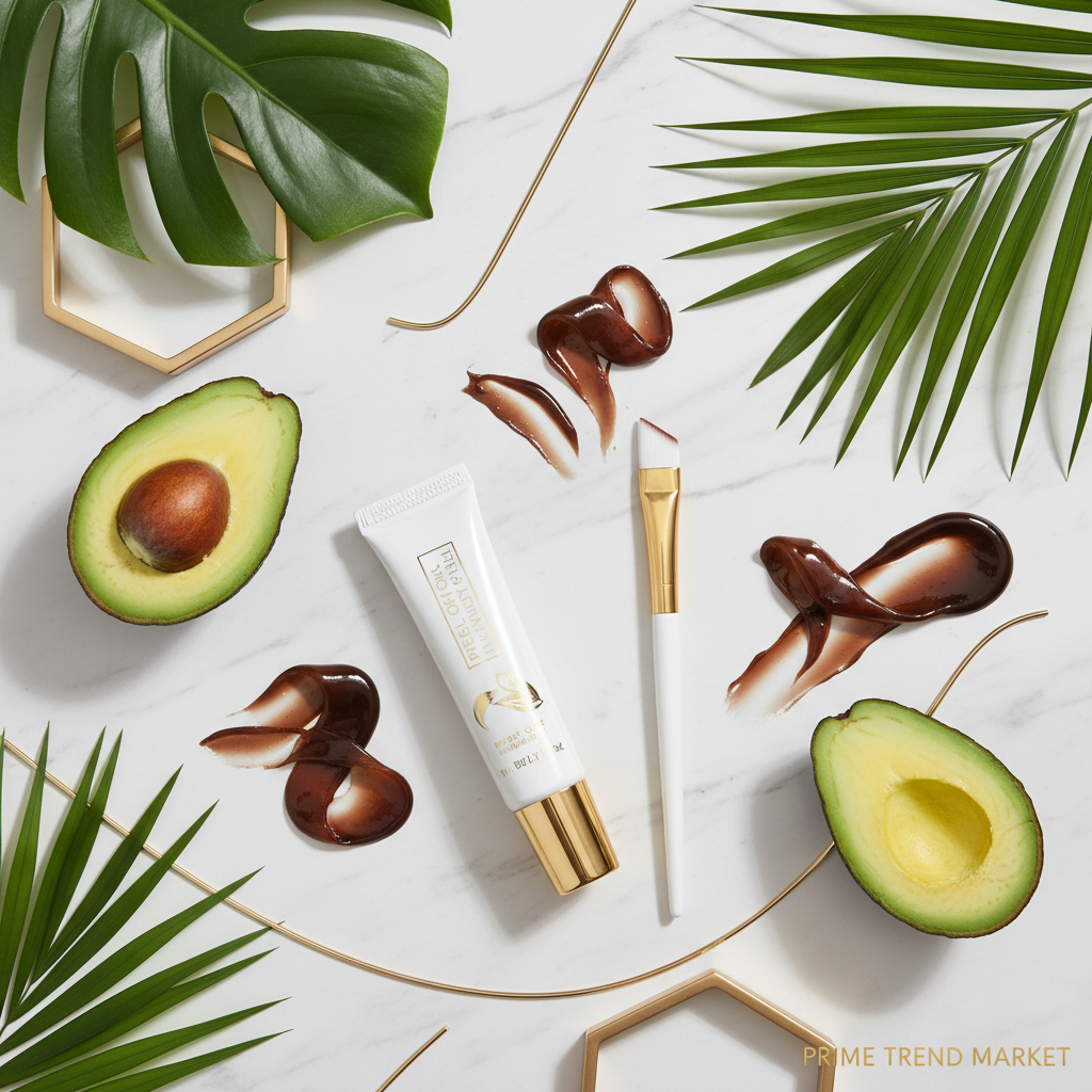 Peel-off eyebrow dye gel tube brush applicator brow peel swatches marble avocado gold botanical flat lay