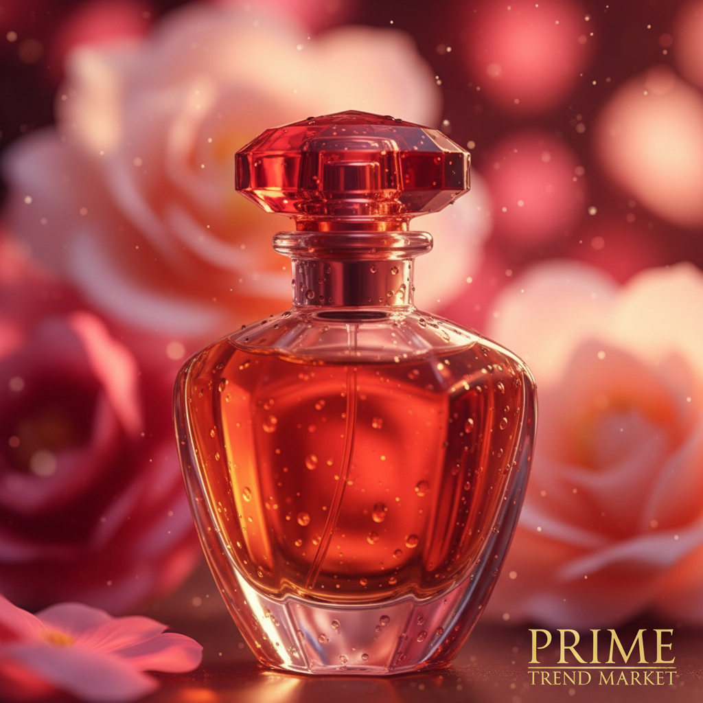 Close-up red perfume bottle with rose bokeh background