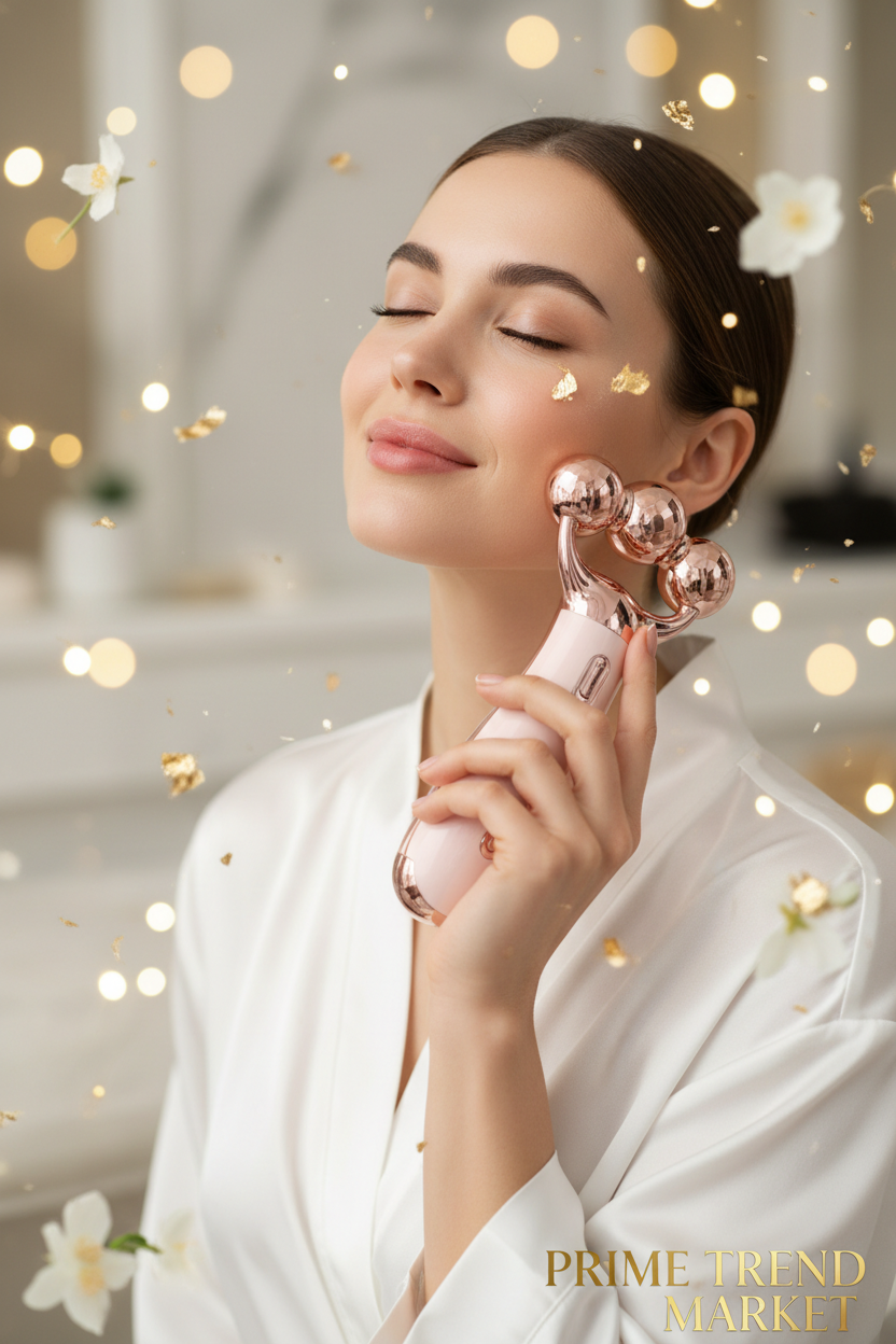 Luxury 3-Head Electric Roller EMS Massager Model Cheekbone Jawline Campaign Shot