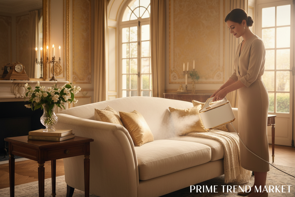 12000Pa Fabric Cleaner Lifestyle — Cleaning Cream Velvet Sofa in Luxury Home
