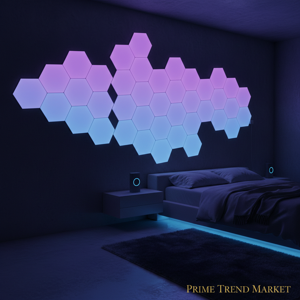 Hexagon RGB LED Smart Light Panels on Bedroom Wall Purple Blue Ambient Lighting — Prime Trend Market