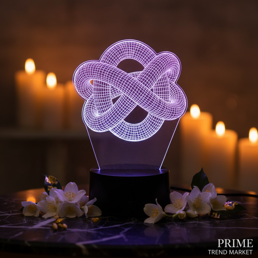 3D optical illusion LED holographic knot lamp purple blue glow dark marble jasmine gold leaf luxury editorial