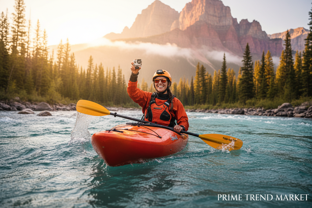 Female kayaker on turquoise mountain river holding 4K waterproof action camera at golden hour