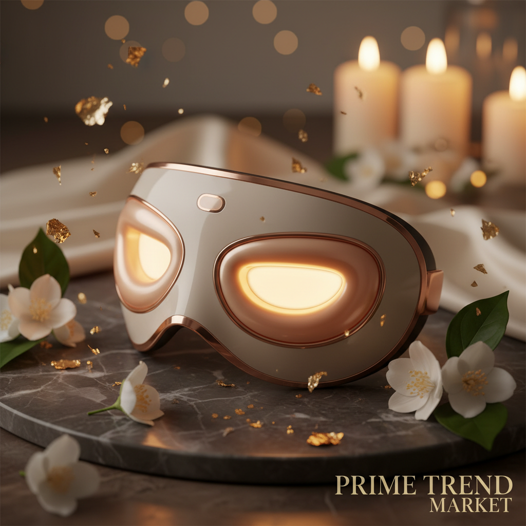 Luxury rechargeable eye hydration massage mask close-up with amber heat glow gold leaf and jasmine on dark marble