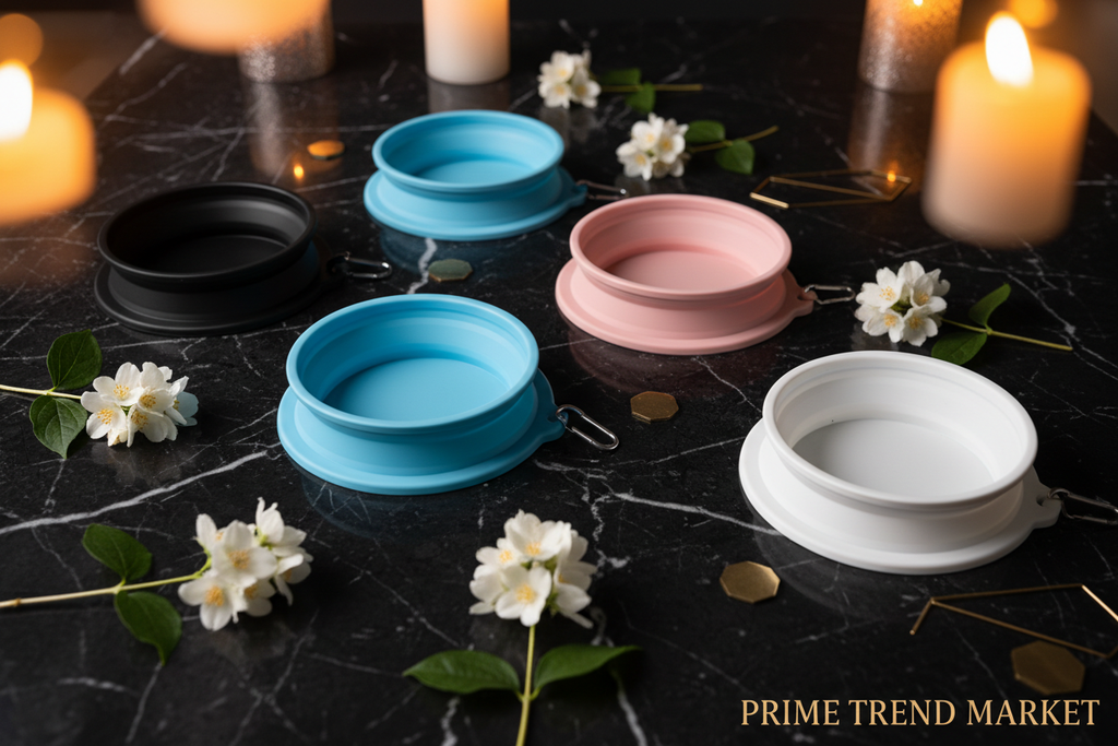 All 5 colors silicone pet bowl flat lay