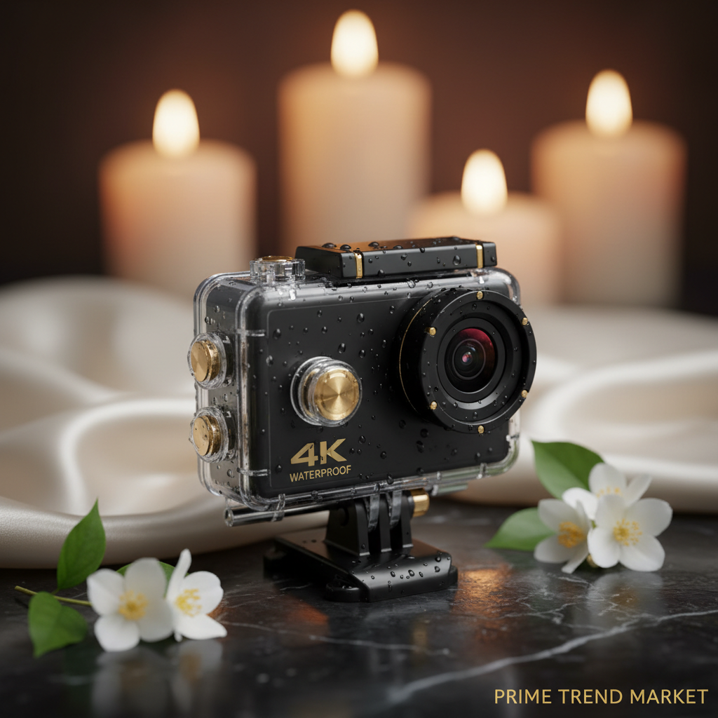Black 4K waterproof action camera with waterproof cover on dark marble with water droplets and jasmine flowers