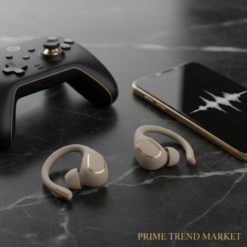 Beige wireless sports earphones on marble with gaming controller — Prime Trend Market