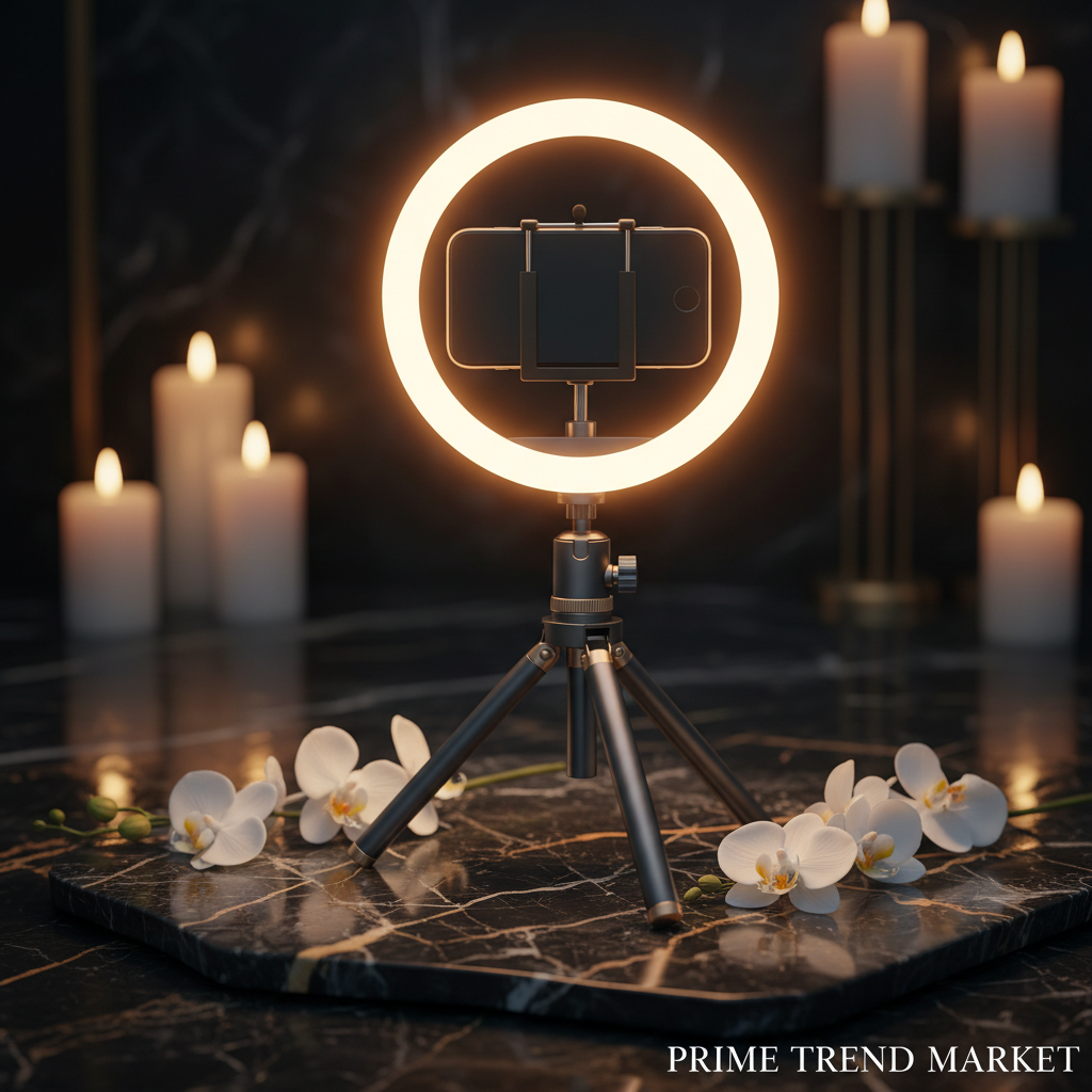 3-in-1 Bluetooth Selfie Stick Tripod with glowing LED ring light on dark marble with gold rings