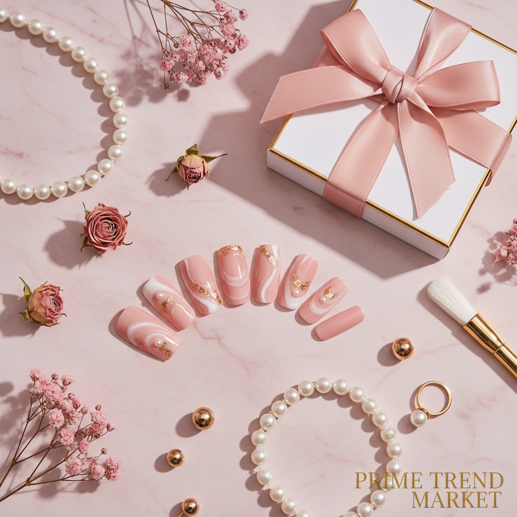 Blush Elegance press on nails luxury flatlay with gift box on pink marble