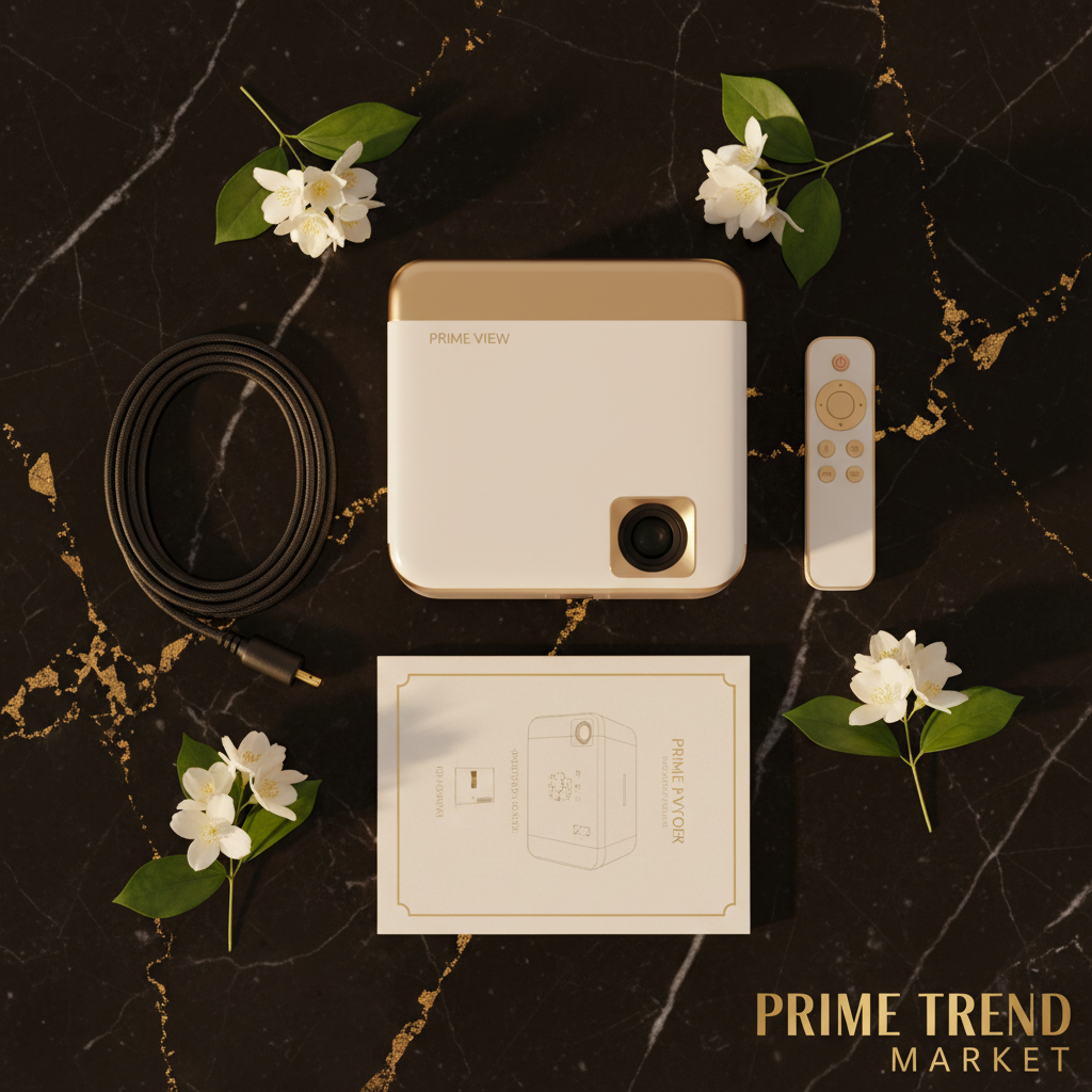 Flat lay of JHT400 mini projector with remote control and accessories on black marble - Prime Trend Market