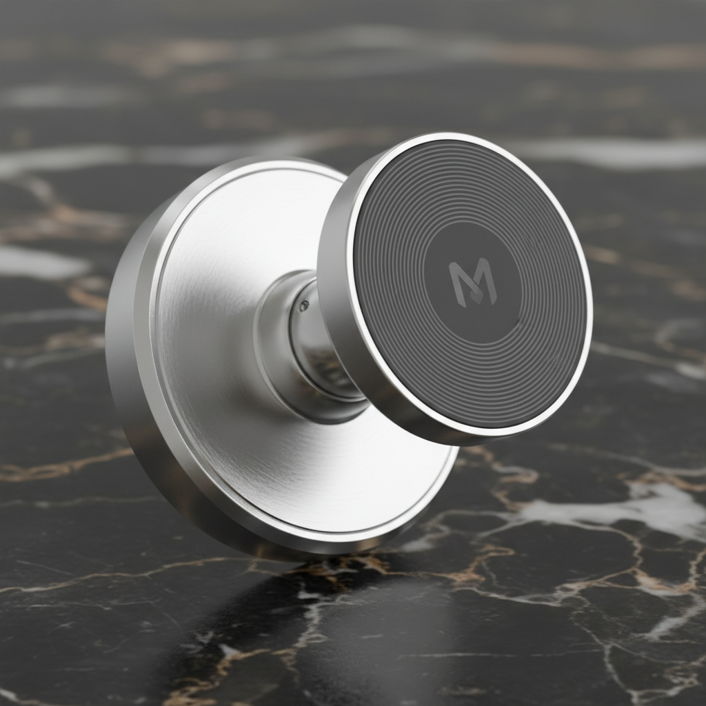 Close-up of silver zinc alloy magnetic car phone mount showing 360 degree rotation joint