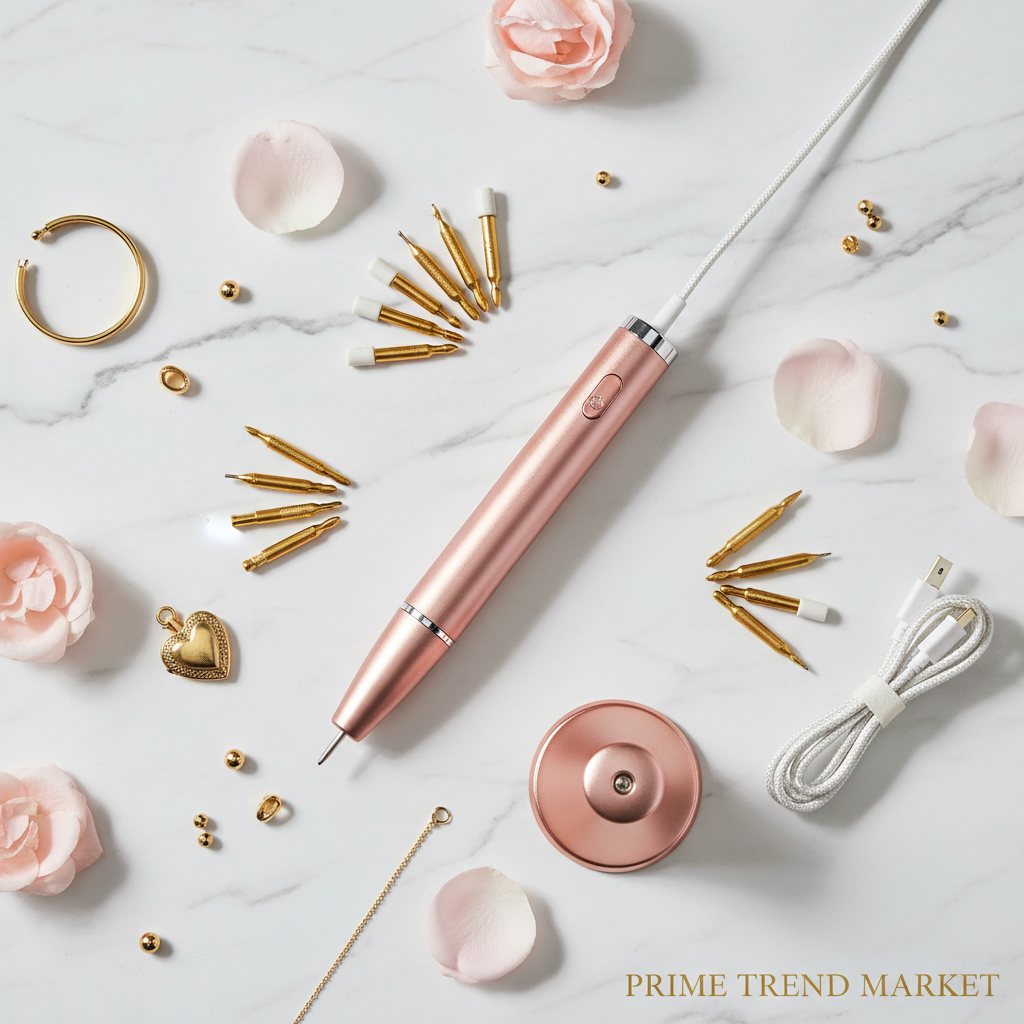 Rose gold electric nail drill kit luxury flatlay on marble