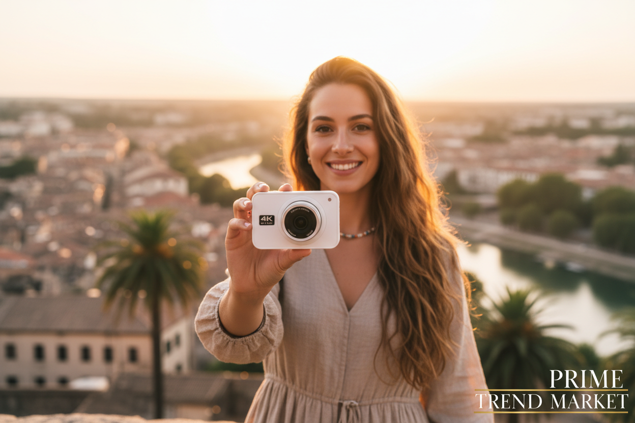 Young woman vlogger holding white 4K dual camera at golden hour lifestyle shot