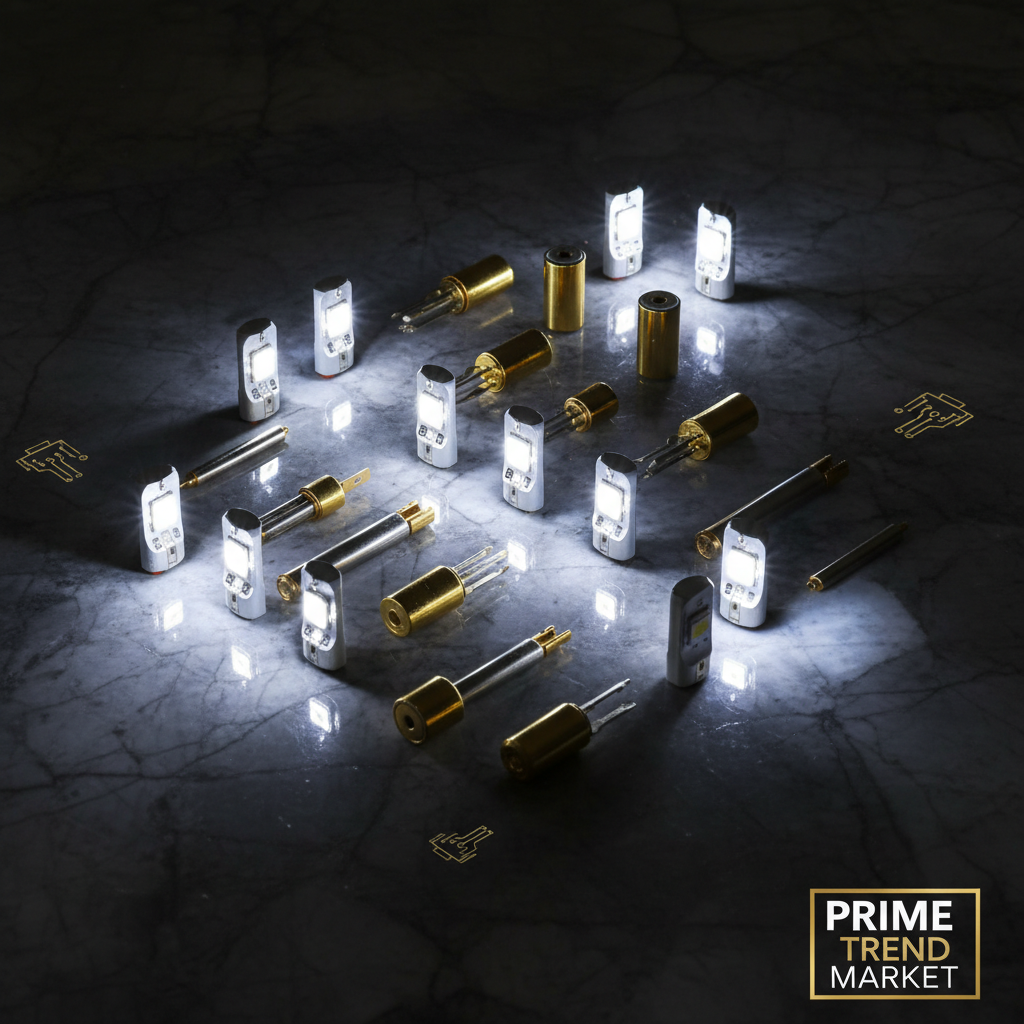 Close-up of assorted T10 and festoon LED bulbs glowing bright white on dark marble surface