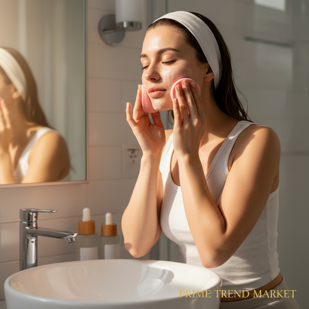 Young woman with glowing skin cleansing face with pink konjac sponge at bright bathroom sink