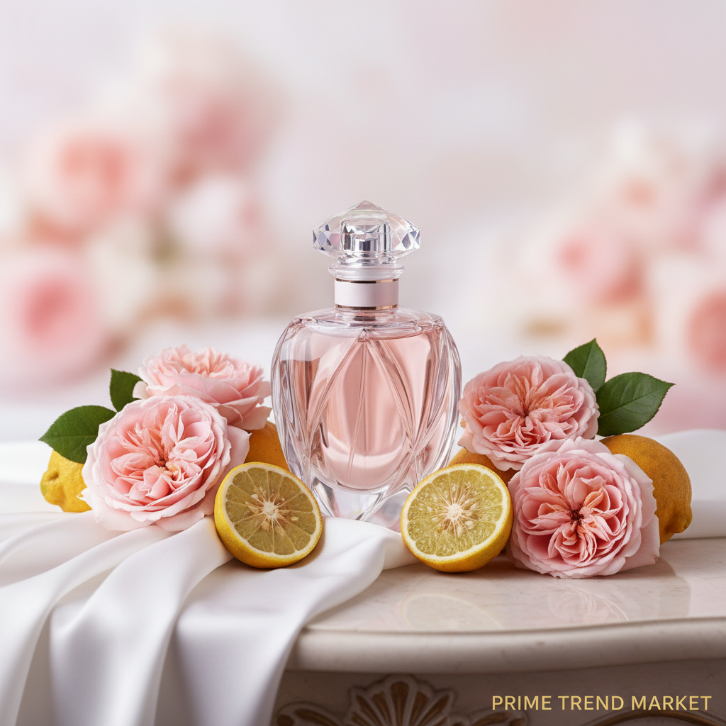 Holiday Roaming perfume on vanity table with roses and citrus