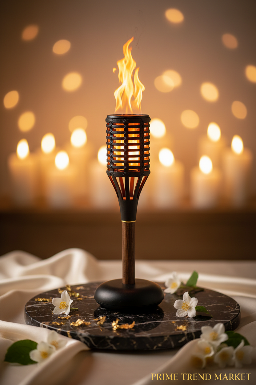 LED Flame Torch Bluetooth Speaker - Studio hero shot on marble with jasmine flowers