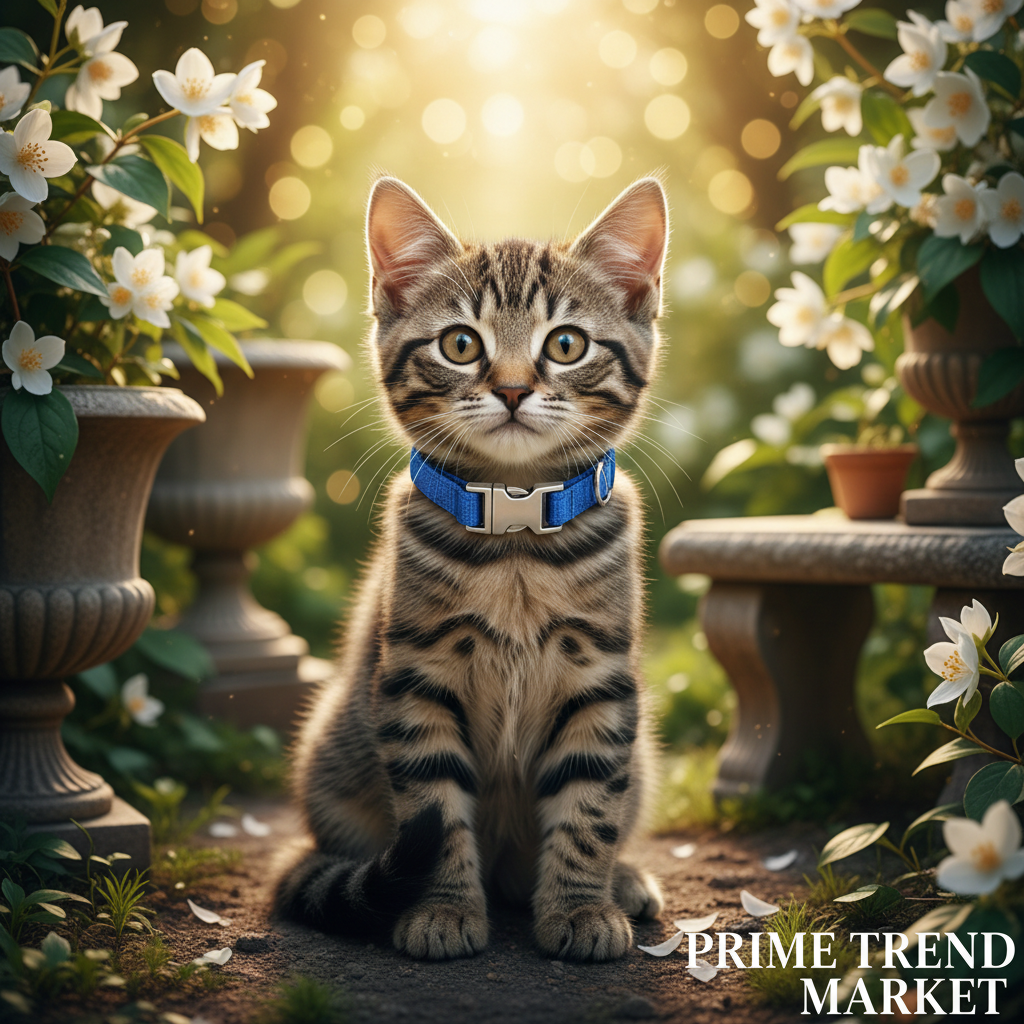 PawFind Anti-Loss FindMy Pet Collar blue worn by cute tabby kitten in jasmine garden golden bokeh