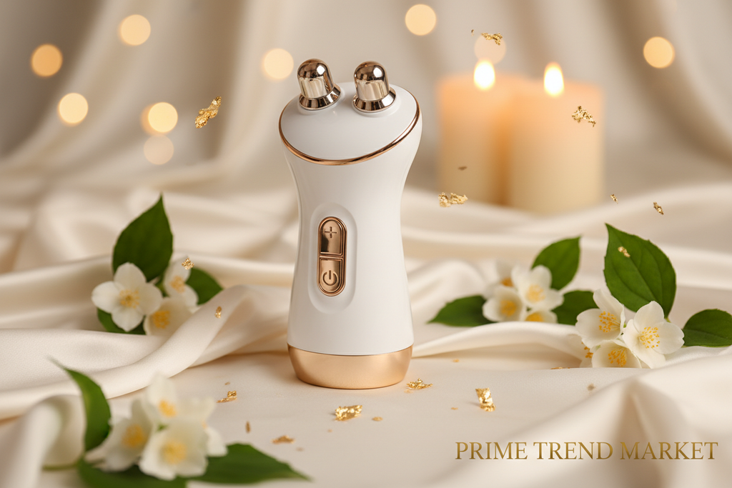 Premium Facial Beauty Massager on cream ivory surface with warm golden lighting