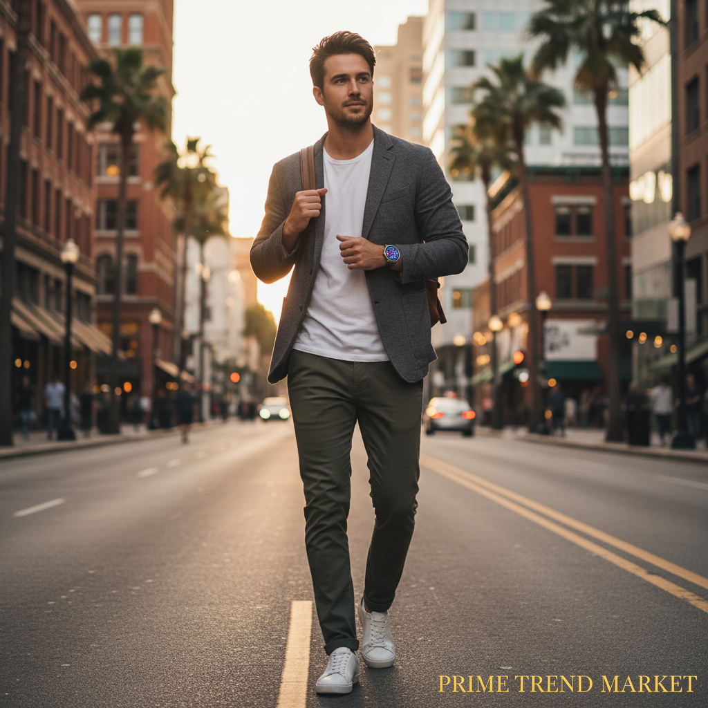 Stylish man wearing SENBONO round smartwatch in urban outdoor setting