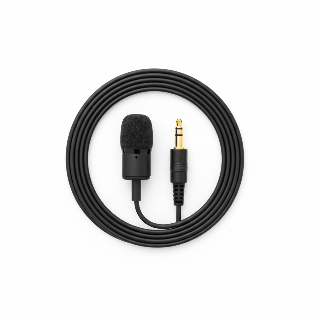 Black lavalier phone microphone flatlay showing mic capsule and connector plug detail
