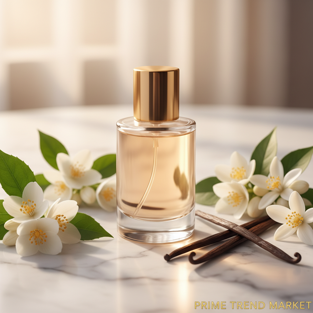 Water of Freedom perfume on marble with jasmine, orange blossoms and vanilla pods