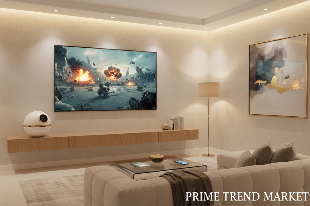 White PTZ Mini Projector projecting 720P movie in luxury living room — Prime Trend Market
