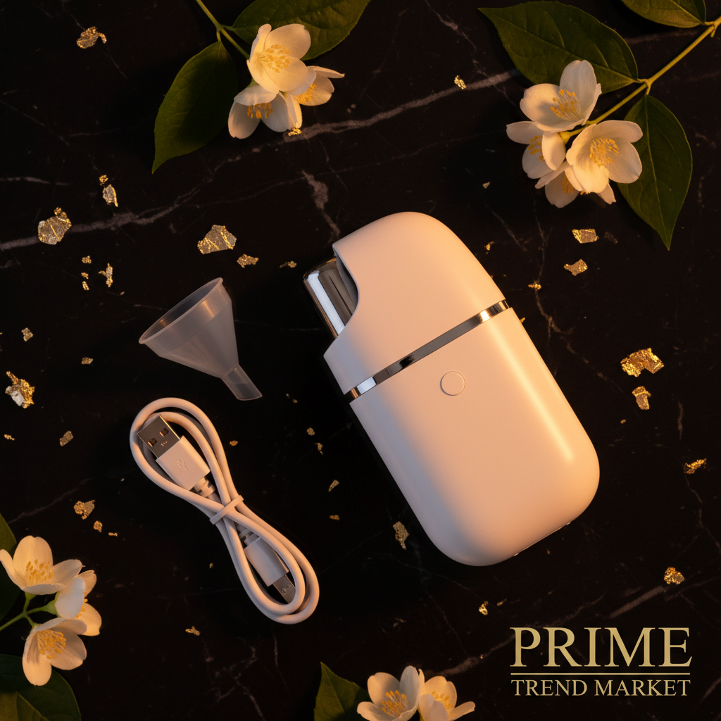 Top-down flat lay of white nano facial mister with USB cable and funnel on black marble - Prime Trend Market
