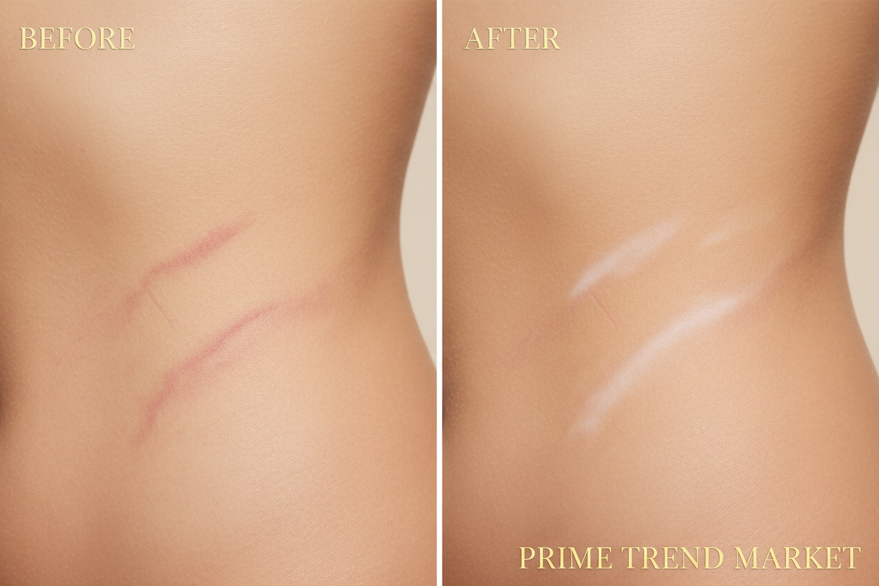 Before and after skin transformation showing faded stretch marks with body oil treatment — Prime Trend Market
