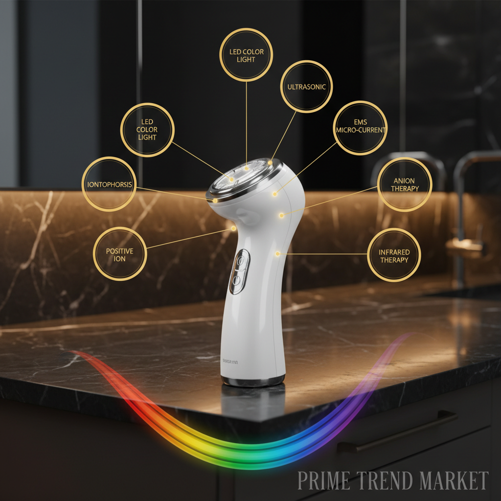 7-in-1 LED Ultrasonic EMS Iontophoresis Beauty Instrument — 7 Technologies Feature Infographic