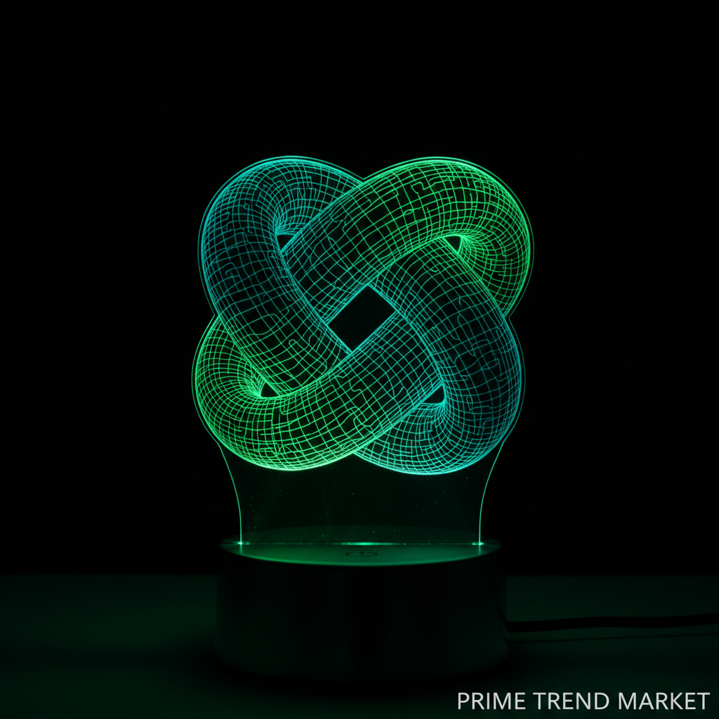 Close-up 3D optical illusion holographic knot lamp green teal glow floating illusion macro