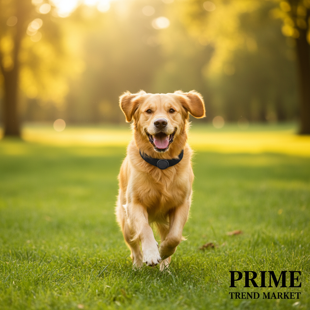 Golden retriever wearing black GPS tracker collar running in green park - Prime Trend Market