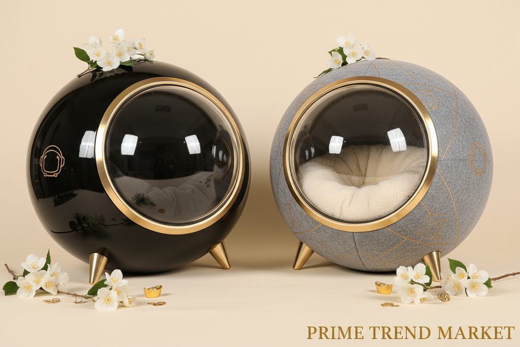 Premium space capsule cat house in black and grey colors side by side on cream surface