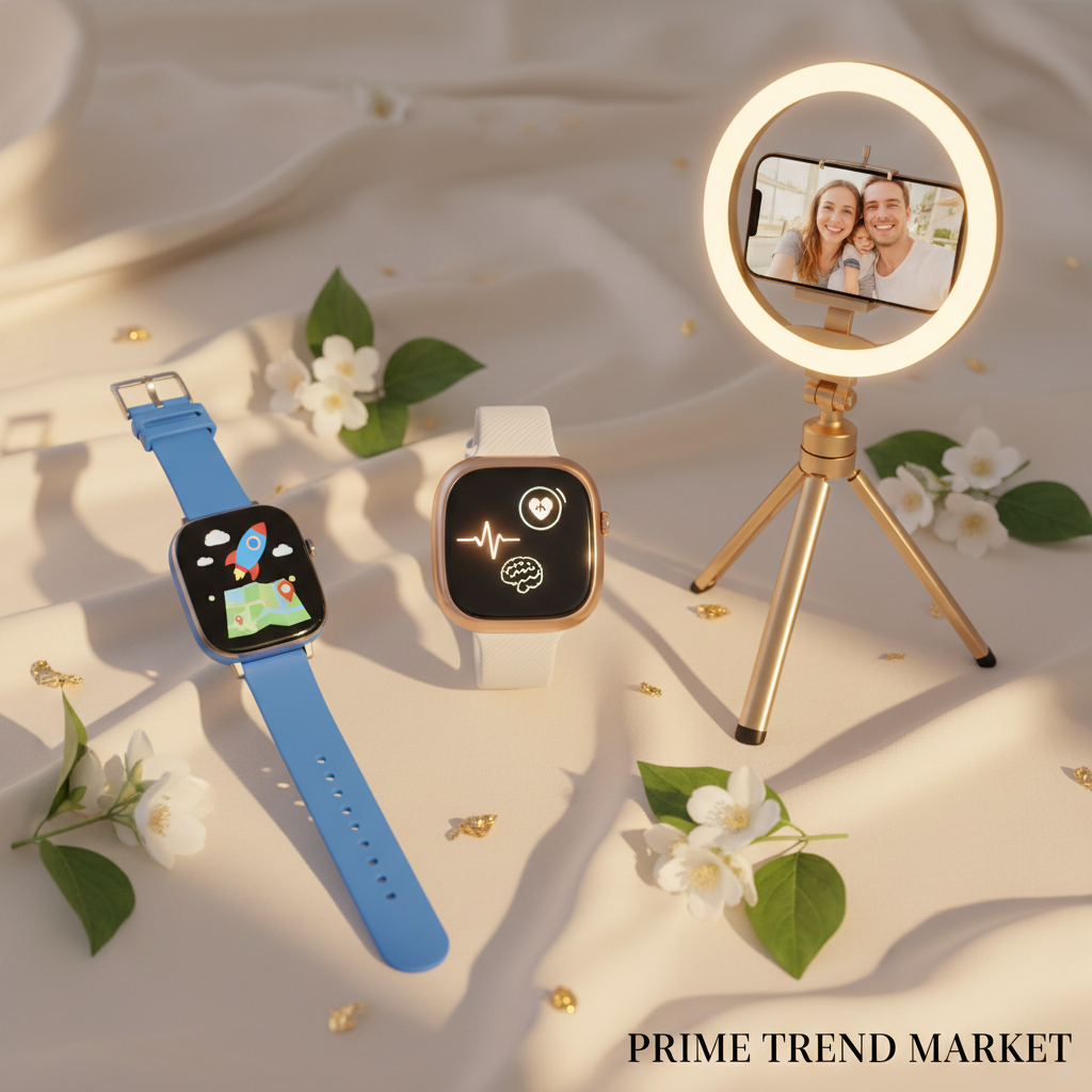 AI health watch, kids GPS smartwatch and selfie stick tripod on cream silk