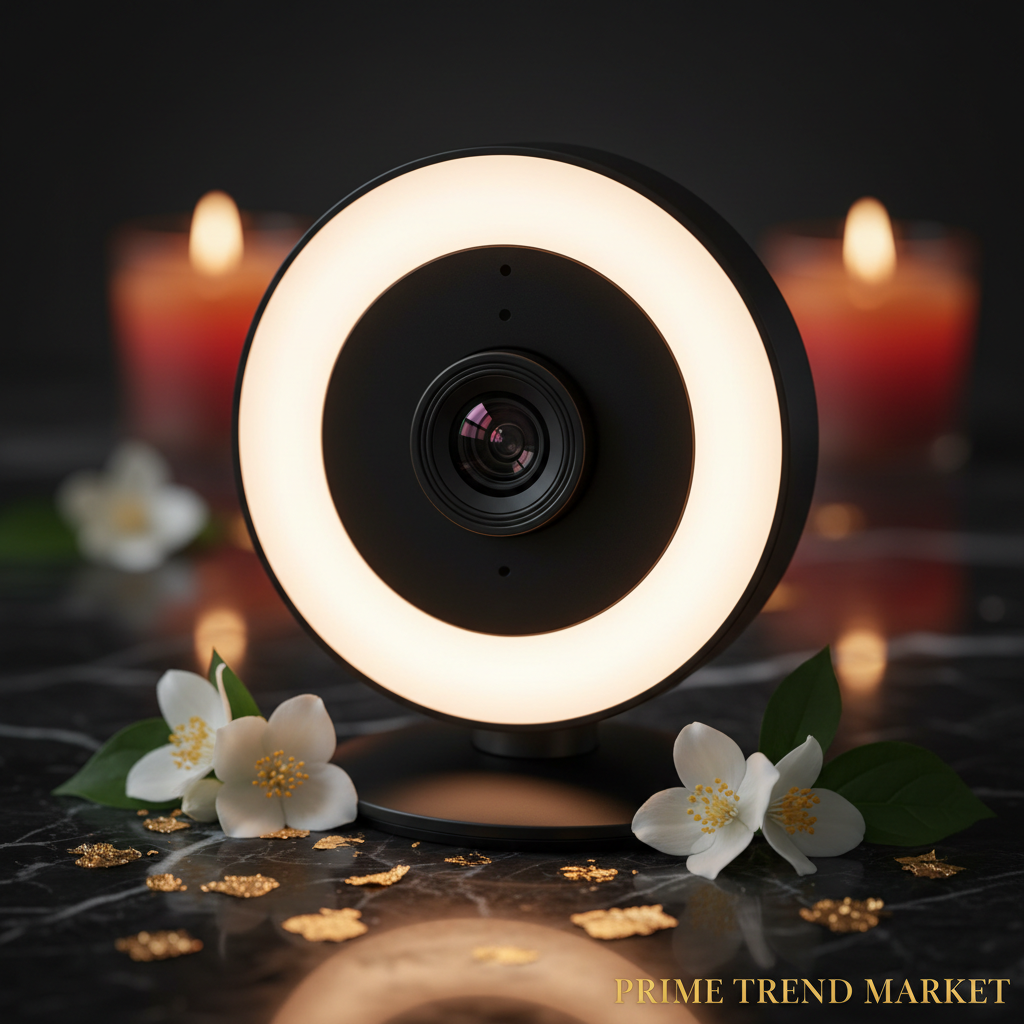 GlowShot ring light and lens close-up on dark marble