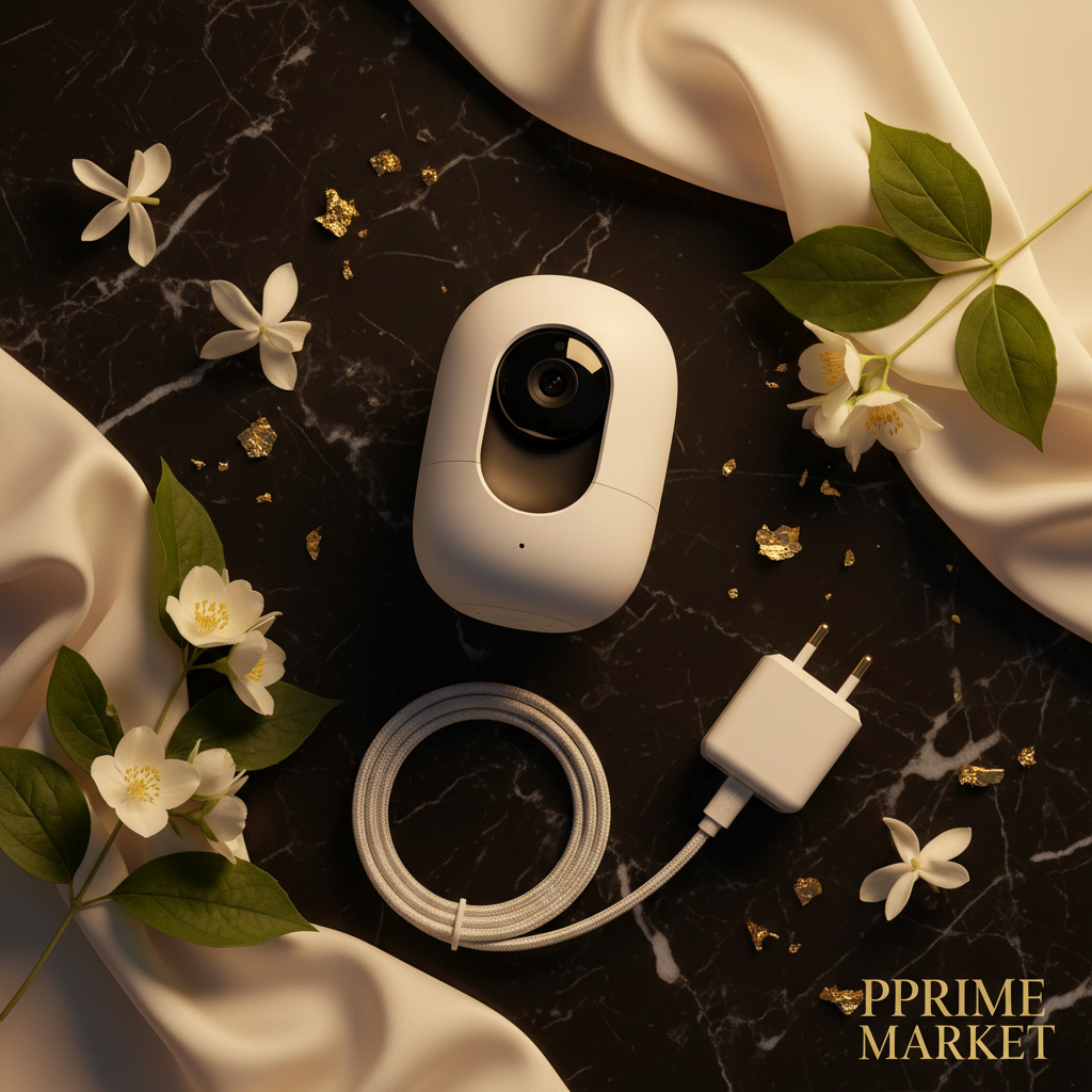 Smart WiFi security camera flat lay with accessories on black marble — Prime Trend Market