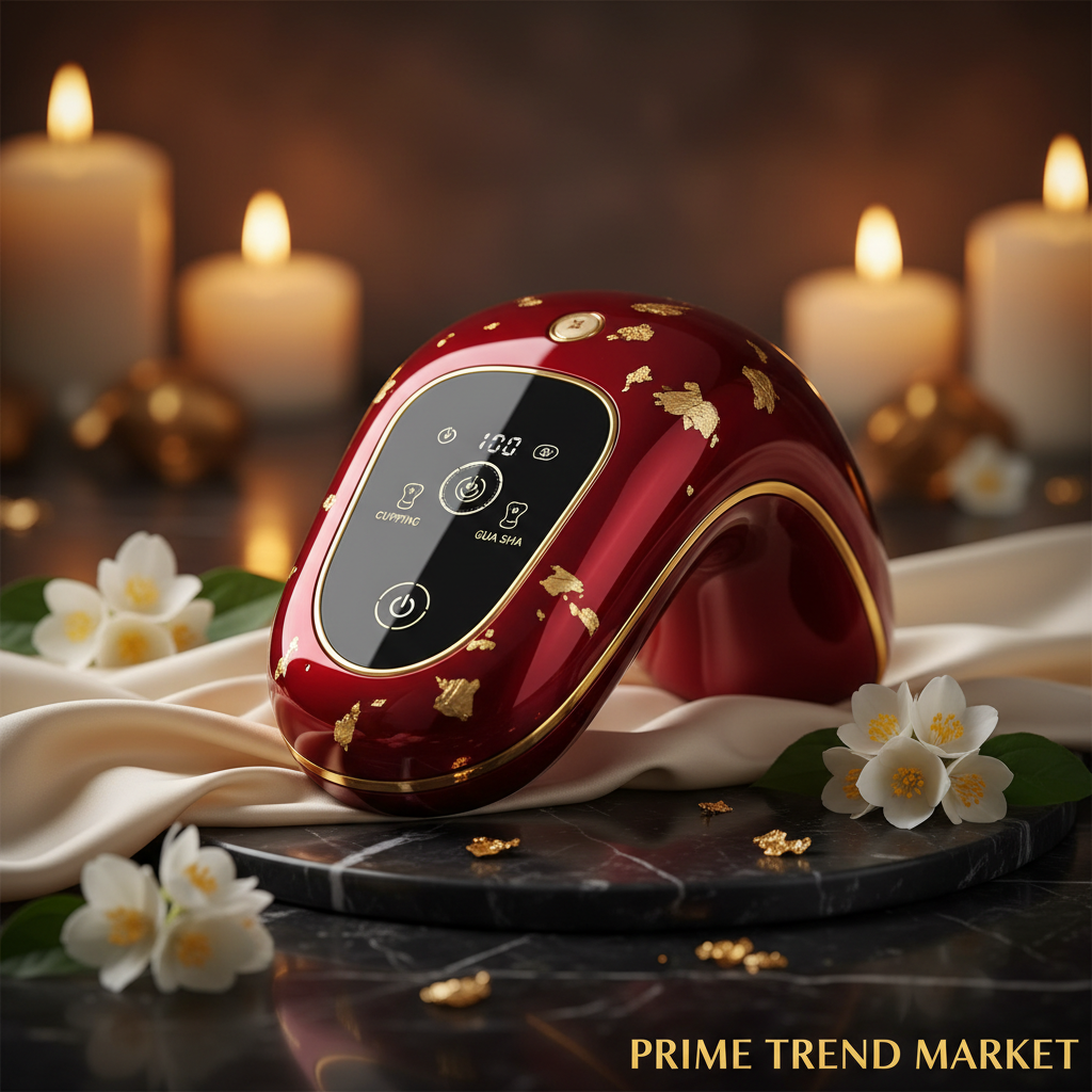 Luxury Electric Cupping & Gua Sha Massage Device deep red hero shot on dark marble with jasmine flowers