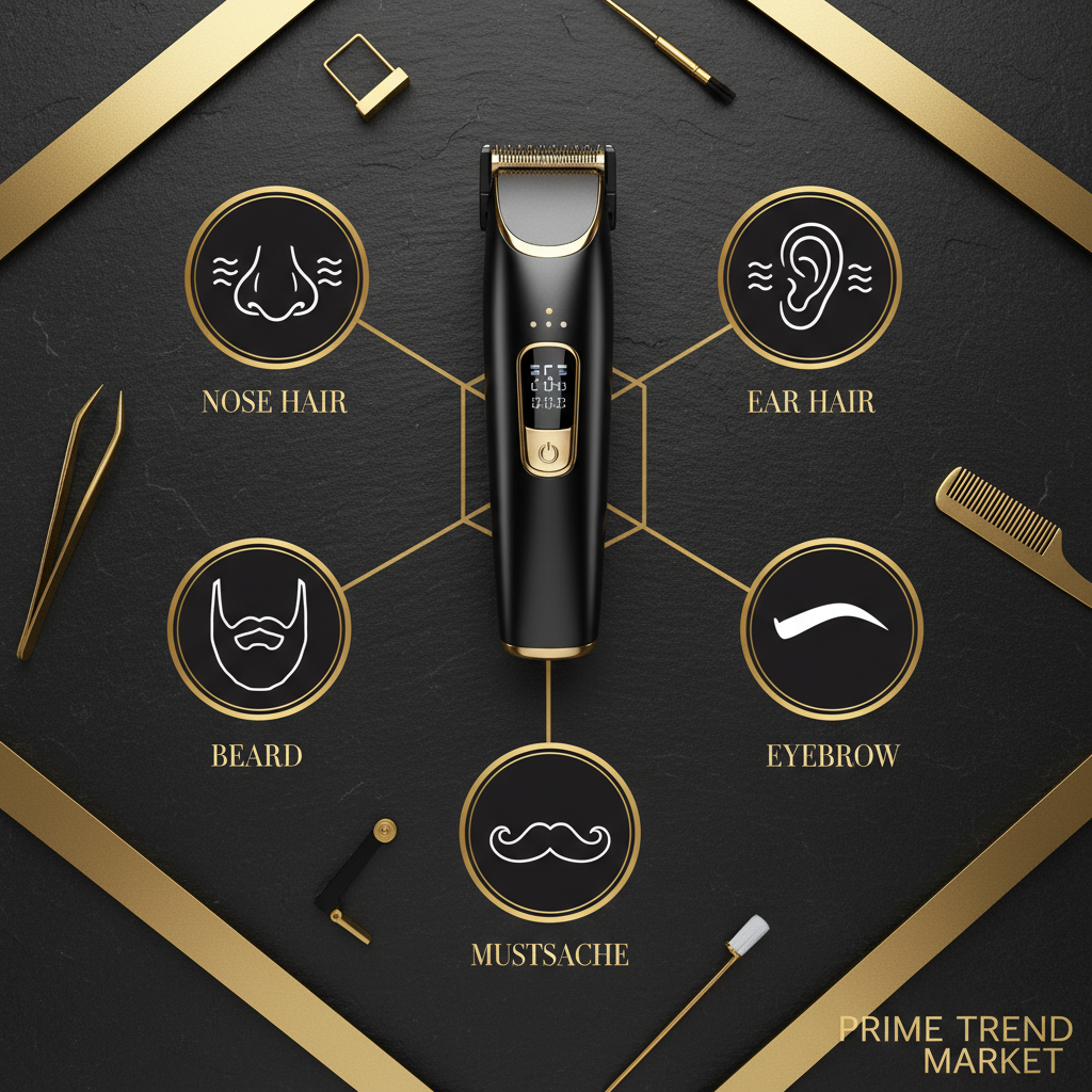 5-in-1 grooming trimmer infographic nose ear beard eyebrow mustache uses dark slate gold accents editorial