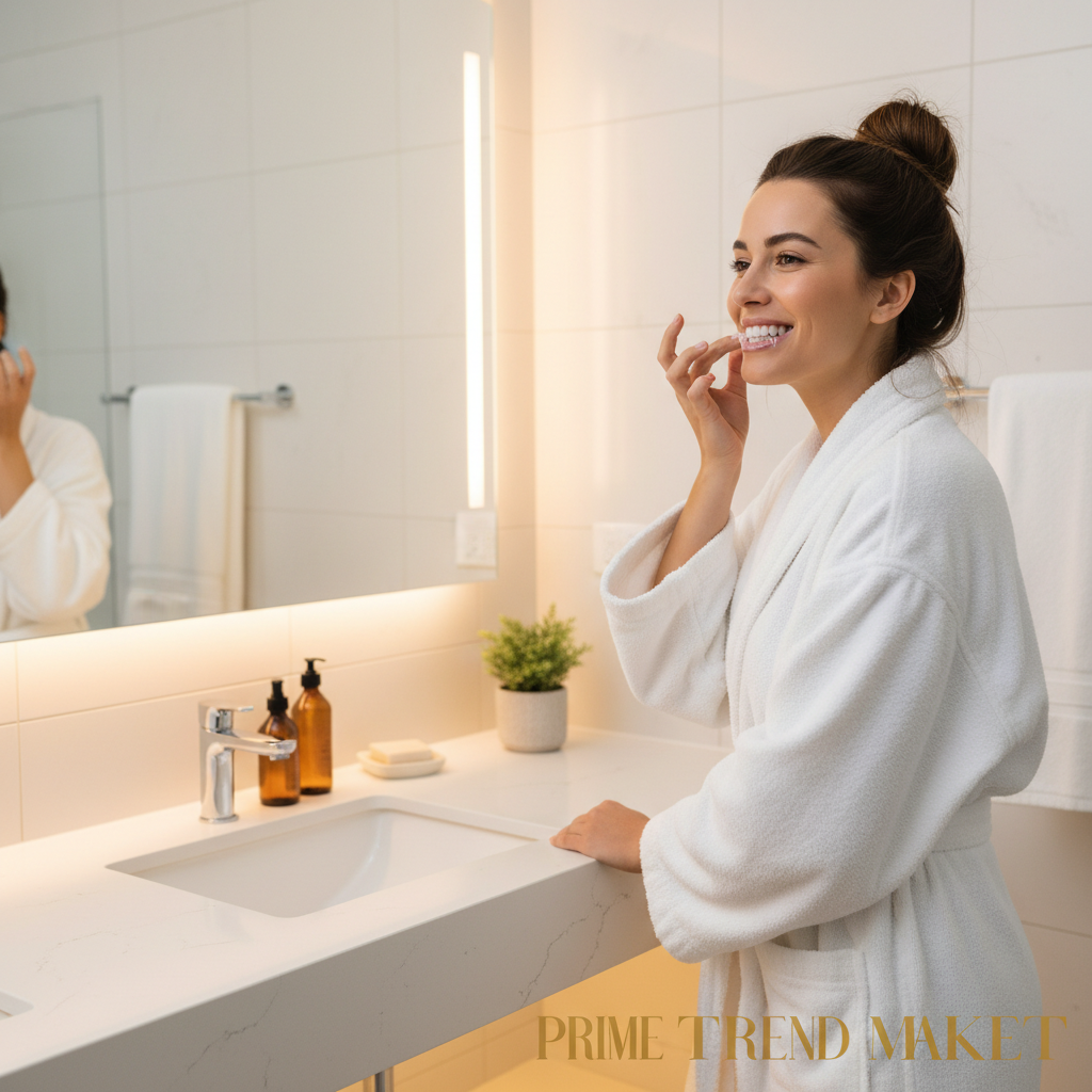 Woman applying teeth whitening strips in bright modern bathroom mirror during morning routine