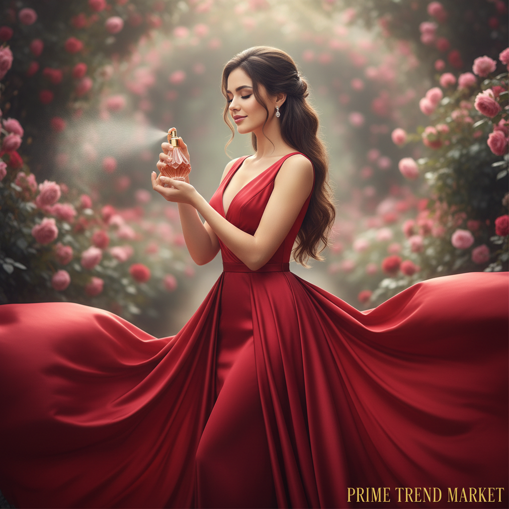 Elegant woman in red silk dress spraying rose perfume lifestyle shot - Prime Trend Market