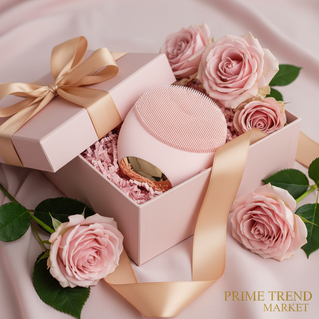 Pink facial cleansing brush in luxury gift box with gold ribbon and pink roses — Prime Trend Market